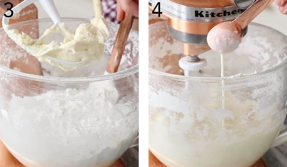 A spatula scraping a mixing bowl down adter powdered sugar was added in.