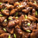 A close up of Bourbon Chicken sprinkled with green onions