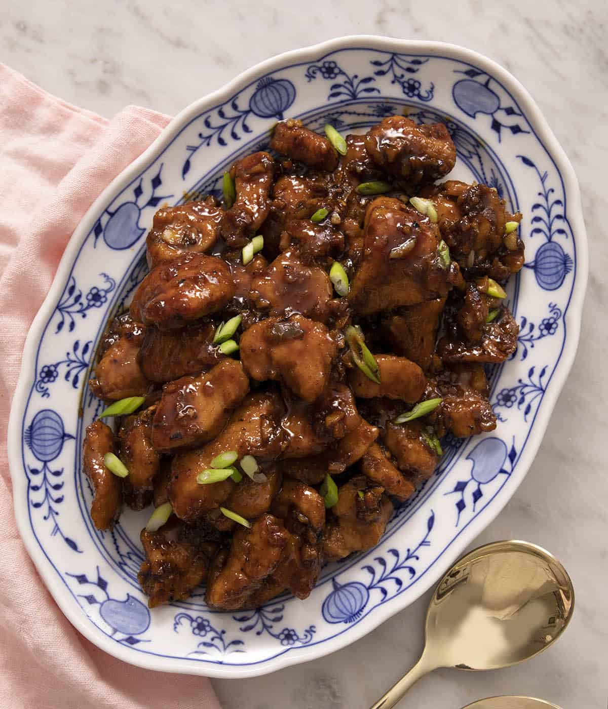 An overhead shot of Bourbon Chicken on a serving plate