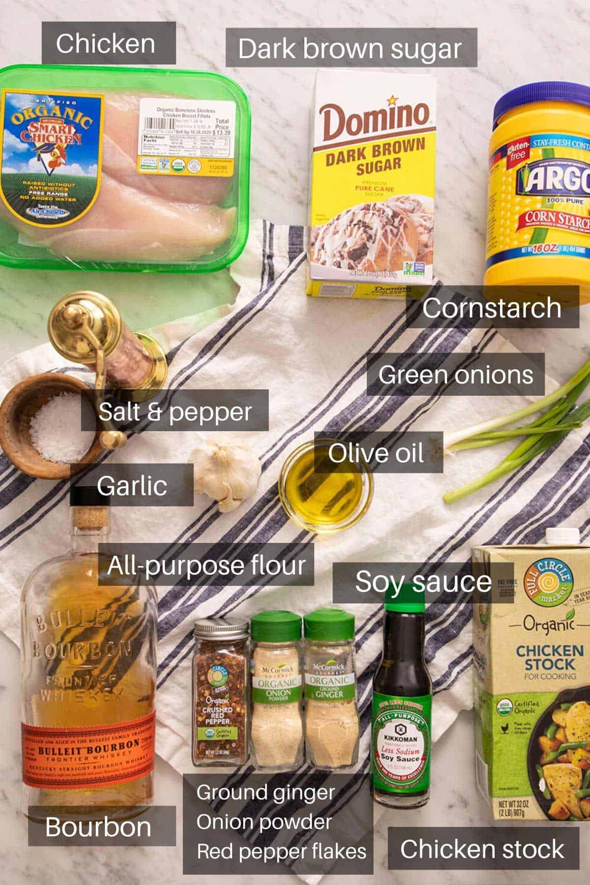 An overhead shot of all the ingredients you need to make bourbon chicken