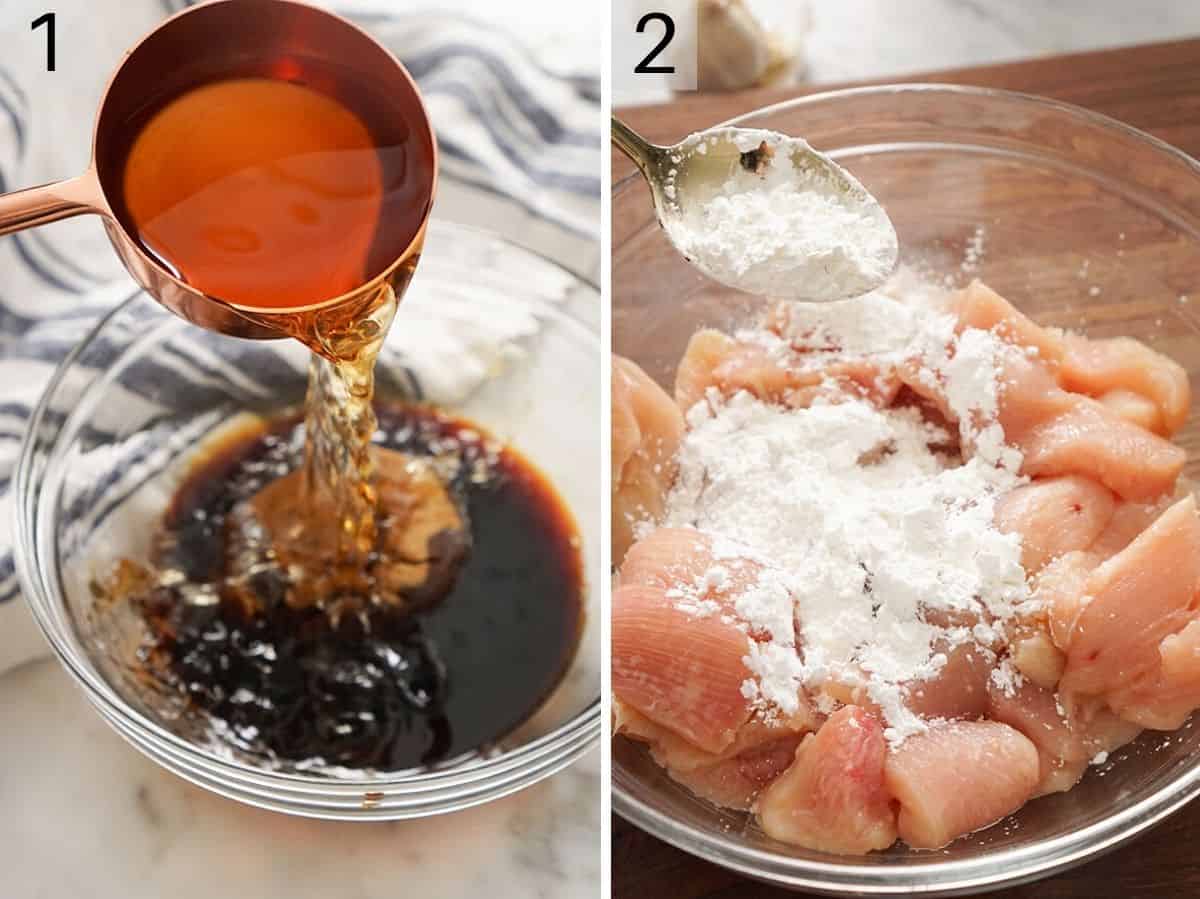Two photos showing how to prepare the sauce and chicken to make bourbon chicken