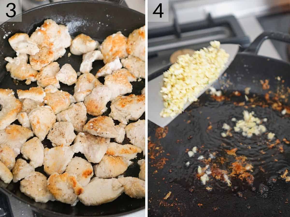 Two photos showing how to brown chicken and saute garlic