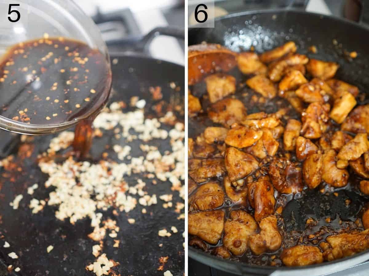 Two photos showing how to finish making bourbon chicken