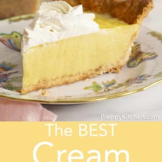 piece of vanilla cream pie on a floral plate