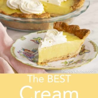 piece of vanilla cream pie on a floral plate