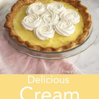 vanilla cream pie in a glass pie dish