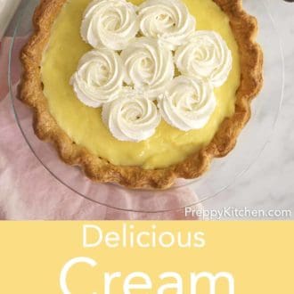 vanilla cream pie in a glass pie dish