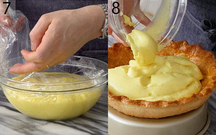 Two photos showing custard being chilled then transferred to a Pie crust.