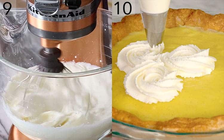 Two photos showing cream being whipped then piped onto a cream pie.