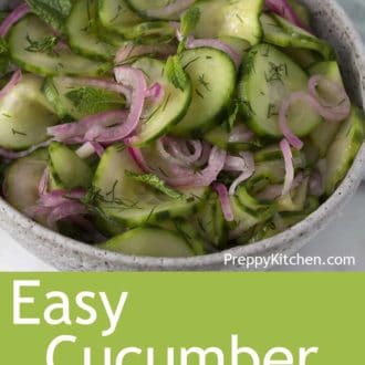 Pinterest graphic of a bowl of cucumber salad.