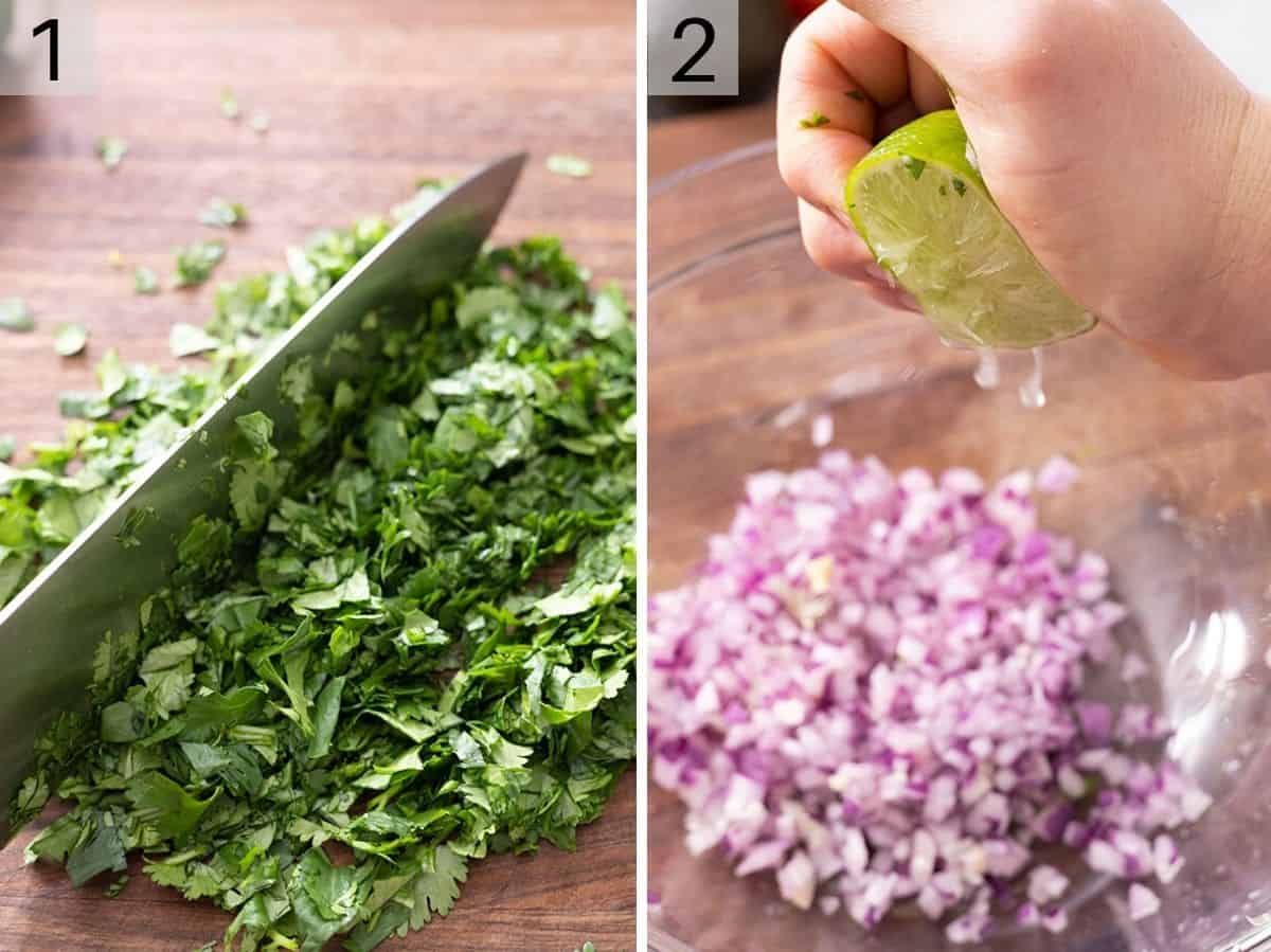 Set of two photos showing chopped cilantro on a serving board and lime squeezed over chopped red onions.