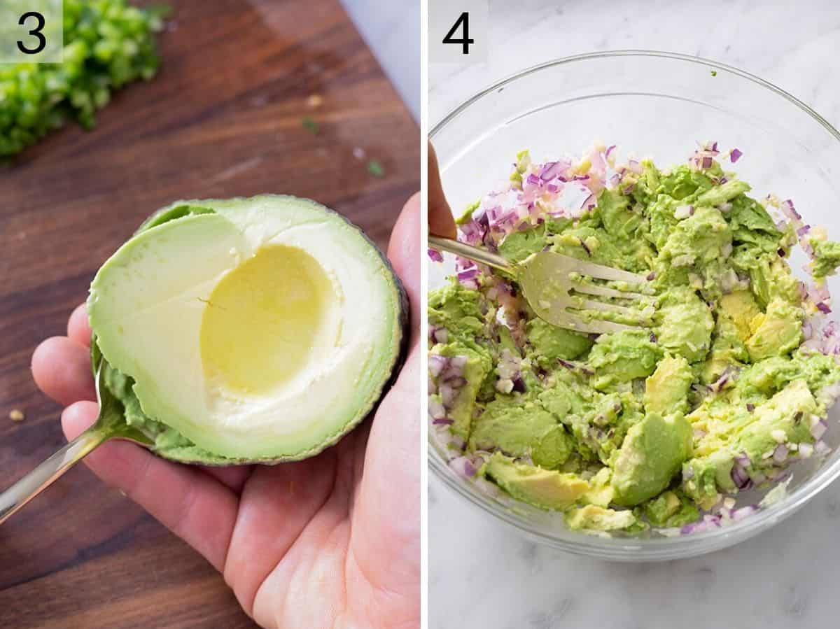 Set of two photos showing half an avocado scooped out and mashed with a fork in a bowl. 