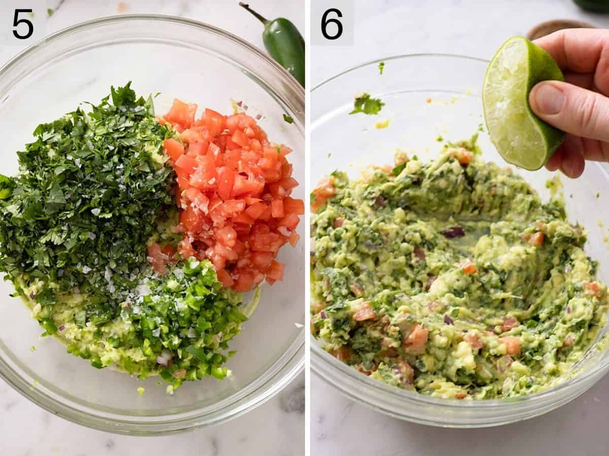 Set of two photos showing chopped tomatoes, cilantro, and jalapeno added to the bowl then finished with lime juice. 
