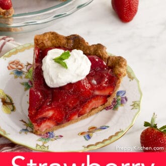 Pinterest graphic of a piece of strawberry pie on a plate with whipped cream and fresh mint.
