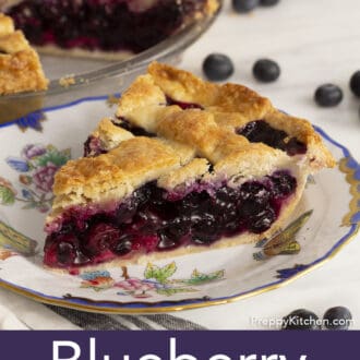 Pinterest graphic of a slice of blueberry pie on a patterned plate.