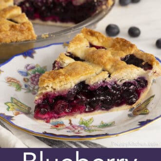 Pinterest graphic of a piece of blueberry pie on a plate.