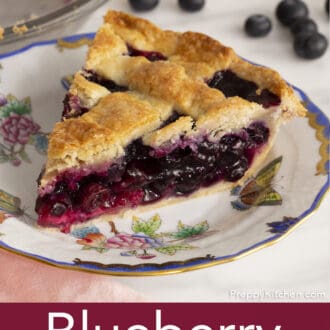 Pinterest graphic of a slice of blueberry pie on a patterned plate.