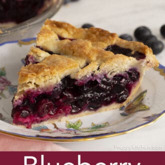 Pinterest graphic of a slice of blueberry pie on a plate with the cut pie in the background.
