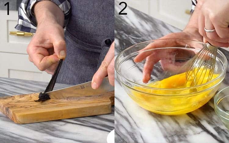 Two photos showing eggs being whisked and a vanilla bean scraped.