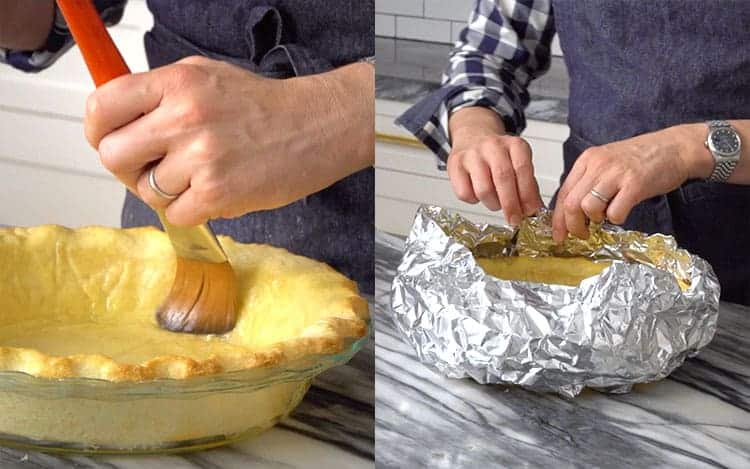 Two photos showing a pie crust getting brushed with egg wash and then tented with foil.