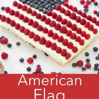 sheet cake topped with blueberries and raspberries patterned like an american flag