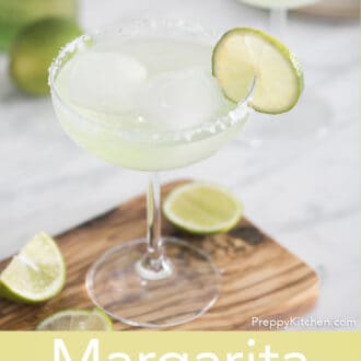 Pinterest graphic of a margarita in a stemmed glass garnished with lime.