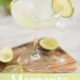 Pinterest graphic of a tequila cocktail in a stemmed glass garnished with lime.