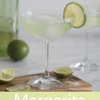 Pinterest graphic showing a margarita in a glass with a lime slice for garnish.