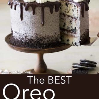 three layer oreo cake with oreo frosting on a cake stand