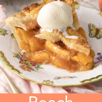 Pinterest graphic of a piece of peach pie on a plate.