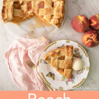 Pinterest graphic of a top-down shot of peach pie on a marble table.