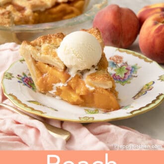 Pinterest graphic of a freshly made peach pie on a porcelain plate.