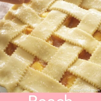 Pinterest graphic of a peach pie ready to be baked.