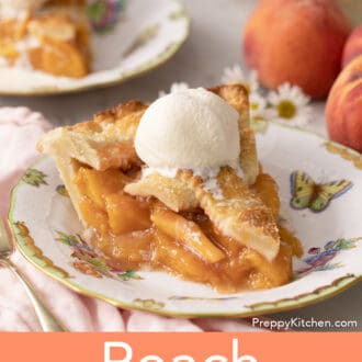 Pinterest graphic of a slice of peach pie topped with ice cream