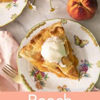 Pinterest graphic of a scoop of ice cream melting on a slice of peach pie.