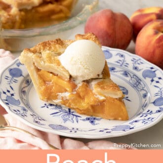Pinterest graphic of a piece of peach pie next to some peaches.
