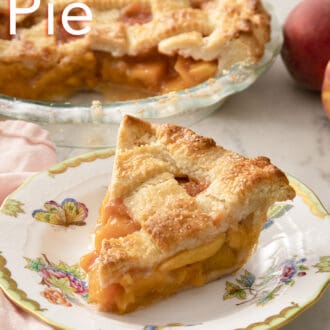 Pinterest graphic of a lattice topped peach pie with a piece on a plate.