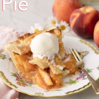 Pinterest graphic of a slice of paech pie on a plate with melting ice cream.