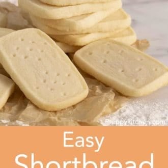 Pinterest graphic of shortbread cookies stack on parchment paper.