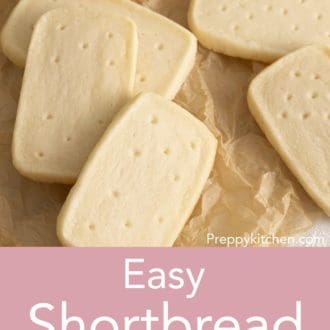 Pinterest graphic of shortbread cookies stack on parchment paper.