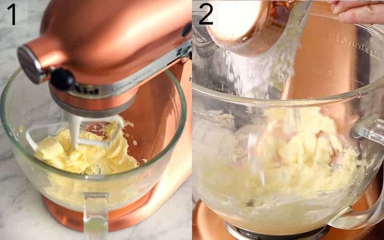 Butter getting mixed with powdered sugar to make shortbread cookies.