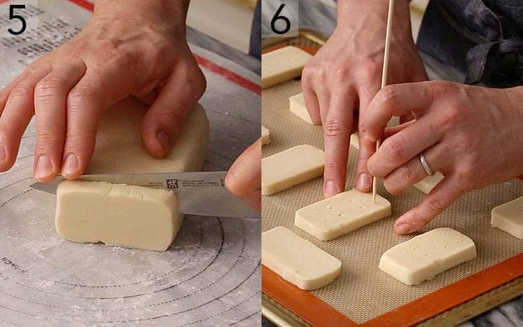Shortbread cookies getting sliced and skewered before baking.