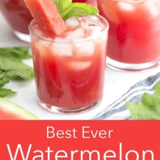 watermelon aqua fresca in a low ball glass with ice