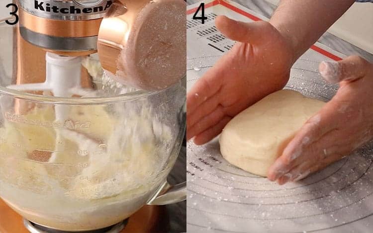 Shortbread cookie dougn getting patted into a rectangular prism.