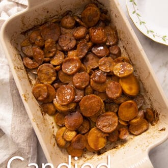 Pinterest graphic of candied yams in a ceramic baking dish.