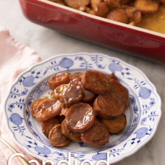 Pinterest graphic of candied yams on a plate next to a red baking dish.
