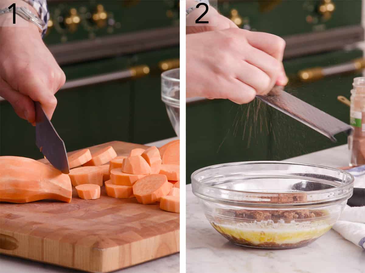 Set of two photos showing a peeled sweet potato getting cut on a wooden chopping block and nutmeg grated into a bowl.