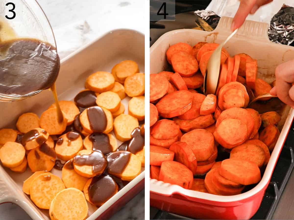 Set of two photos showing sweet potato pieces getting drizzled with a brown sugar butter mixture to make candied yams.