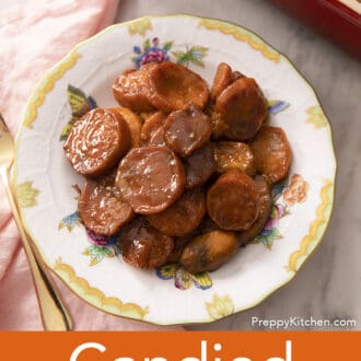 Pinterest graphic of an overhead view of candied yams on a porcelain plate.