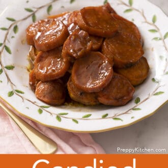 Pinterest graphic of a serving of candied yams on a plate.